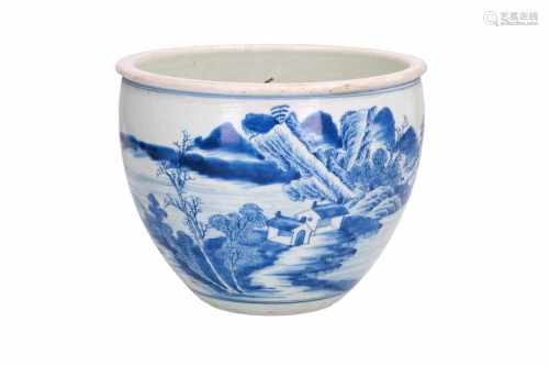 A blue and white porcelain bowl, decorated with a mountainous river landscape. Unmarked. China,