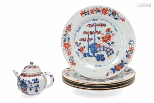 A set of five Imari porcelain dishes with floral decor. Added an Imari porcelain teapot with