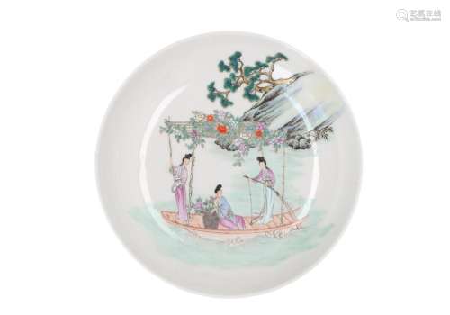 A polychrome porcelain dish, decorated with three ladies in a boat. Marked with seal mark Yongzheng,