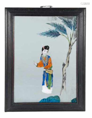 Reverse painting on mirror glass, depicting an elegant lady in a garden. In original frame.China,