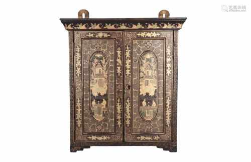 A wooden cabinet with lacquer, decorated with figures, houses and flowers. China, 19th century. Dim.