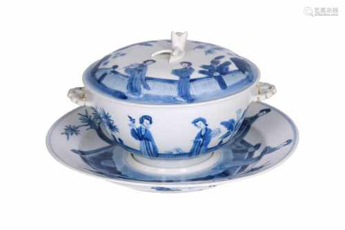 A blue and white porcelain tureen on dish, decorated with long Elizas. Tureen marked with 6-