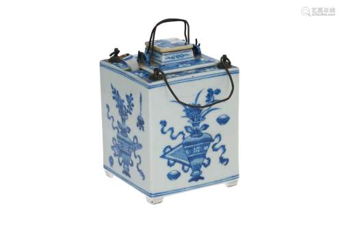 A square blue and white porcelain teapot, decorated with flower vases. With seal stamp. China,