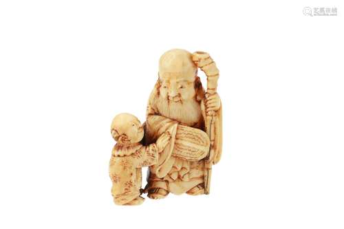 Ivory netsuke of standing Fukurokuju with staff, fan and karako. Japan, 19th century. H. 4 cm.