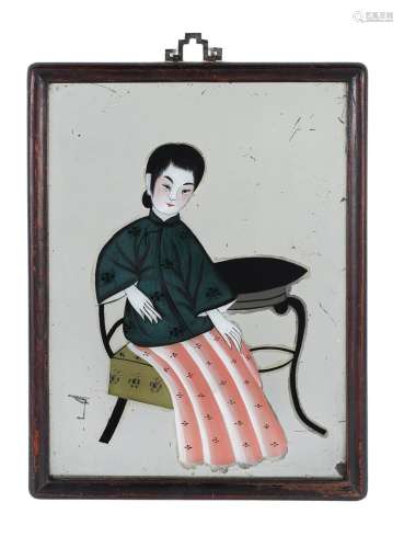 Reverse painting on mirror glass, depicting a seated woman at a table. China, 19th century. Dim.