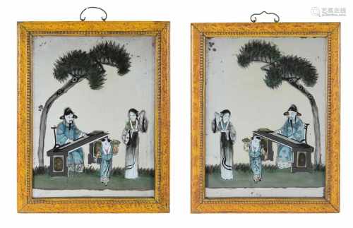 A pair of reverse paintings on glass, pendants, depicting a musician family in a garden. In original