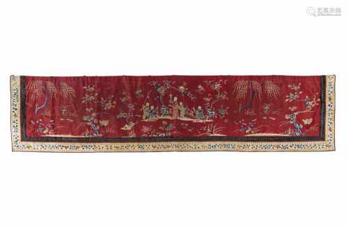 An embroidery on silk, depicting flowers, trees and figures in a garden. China, 19th century. Dim.