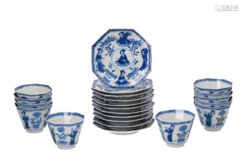 A set of 11 blue and white porcelain cups with saucers, decorated with long Elizas. Marked with 6-