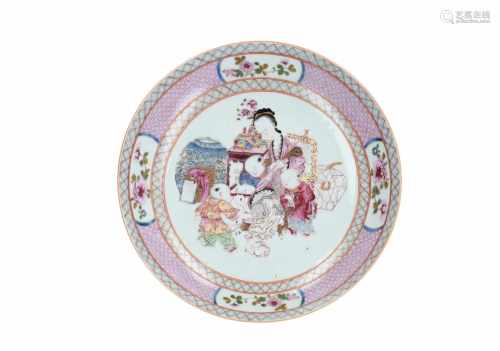 A famille rose porcelain dish, decorated with figure, little boys and rabbits. Unmarked. China,