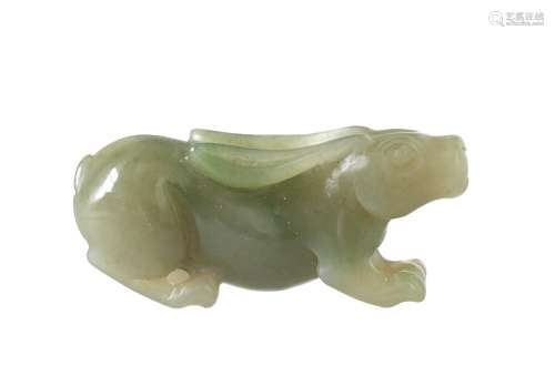 A celadon green jade sculpture of a hare. China, 19th century. L. 6,5 cm.