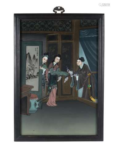 Reverse painting on glass, depicting a scene from The Romance of the Western Chamber with a court