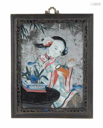 Reverse painting on glass, depicting an elegant young lady holding a cricket on a vase. In