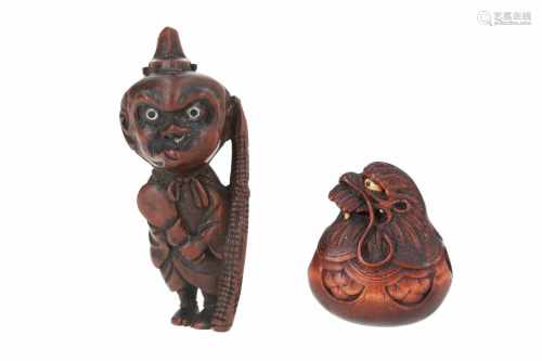 Lot of two netsuke, 1) Wooden Fukusuke with Hyohoko mask. H. 7 cm. 2) Wooden with inlay, temple bell