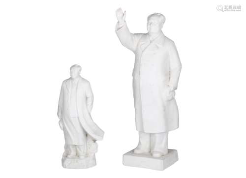 Lot of two biscuit porcelain sculptures depicting Mao Zedong. Both unmarked. China, 20th century. H.