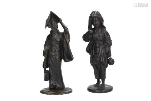 A pair of bronze sculptures, depicting ladies holding a samisen and a tetsubin. One signed Hujo, the