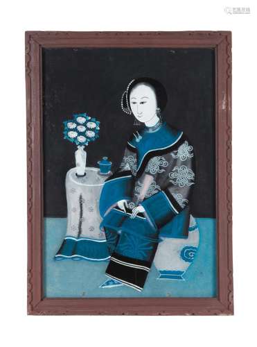 Reverse painting on glass, depicting an elegant court lady seated at a table. China, 19th century.