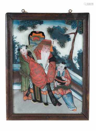Reverse painting on glass, depicting Shou Xing Weng with two little boys in a garden. Verso