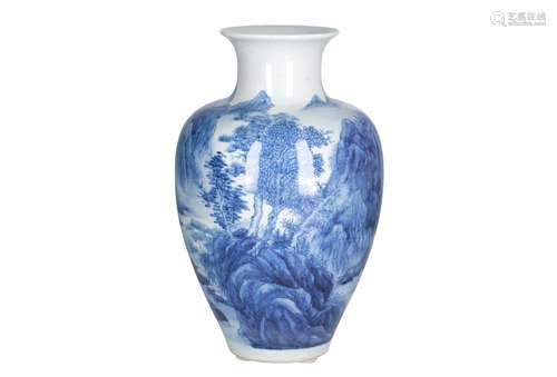 A blue and white porcelain vase, decorated with a mountainous river landscape. Marked with 6-