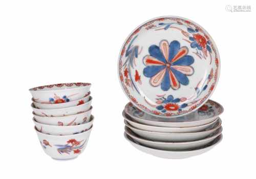 A set of six Imari porcelain cups with saucers, decorated with flowers. Unmarked. Japan, 18th