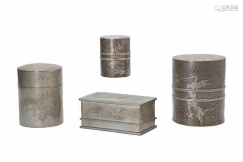 Lot of four pewter lidded boxes with carved decor. All marked with seal marks. China, 20th