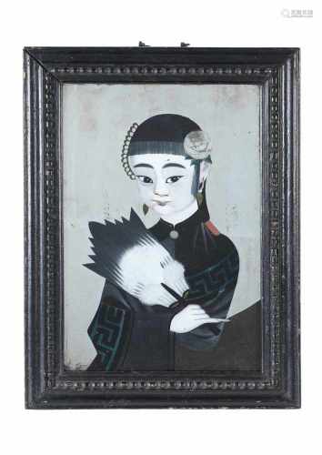 Reverse painting on glass, depicting a young courtisane holding a feather fan. In original frame.