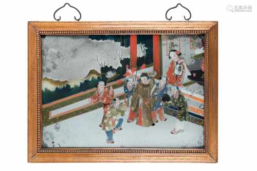 Reverse painting on mirror glass, depicting an elegant couple with little boys in a pavilion