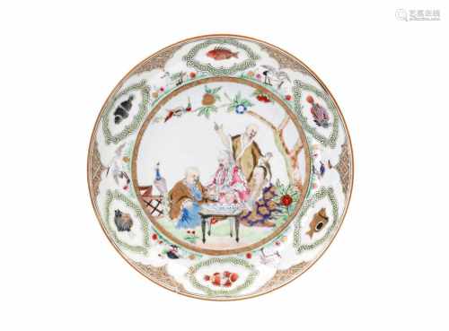 A polychrome porcelain dish, decorated after the design 'Doctor's visit' by Cornelis Pronk.