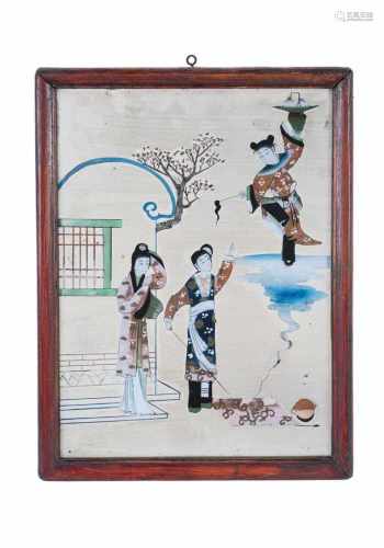 Reverse painting on mirror glass, depicting three figures in a garden, one on a cloud. China, 19th