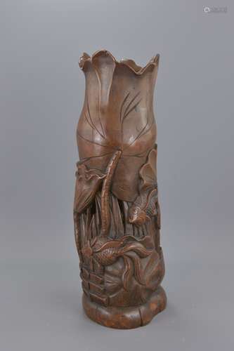 A Chinese bamboo carving of a flower pot. 43 cm ta