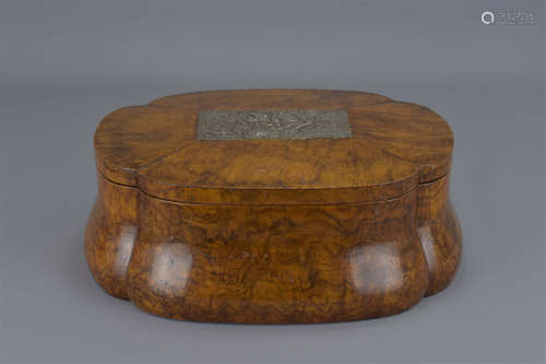 A Walnut Veneer stationary box with silver plague