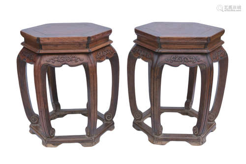 A pair of Chinese 19th century hardwood stools wit