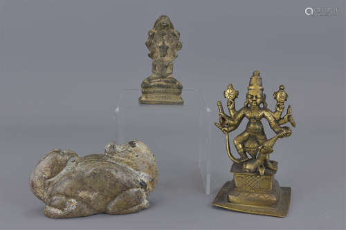 Two bronze deities and Asin stone weight. 14.5cm h