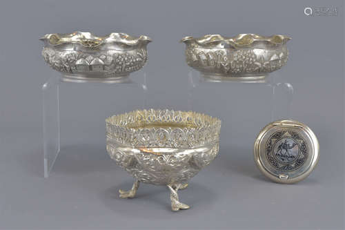 Three Indian silver bowls, 11cm, 12cm 6.5cm diamet