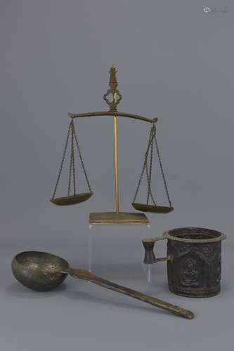 Set of Indonesian brass balance scales with tankar