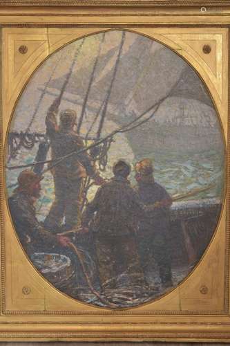 A 19th century oil on canvas in heavy gilt frame. 'Whalermen at sea' Ernest Chevalier 1862 - 1920. 1