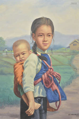 An oil on board painting of a village girl and bab