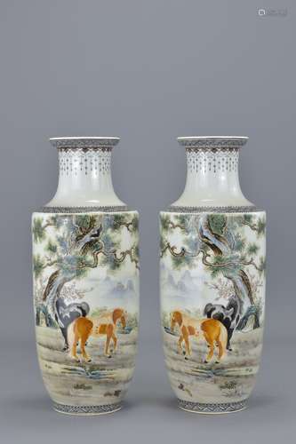 A mirrored pair of Chinese porcelain vases decorated with horses by artist Zhang Zhishang (1948/1960