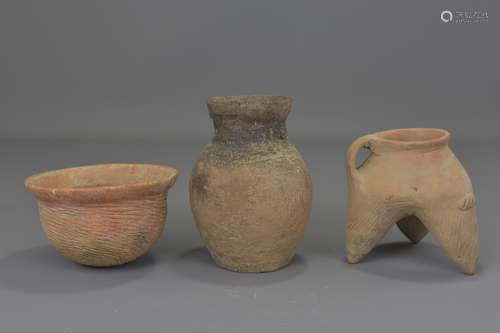 Three Chinese Neolithic period pottery pots and bo