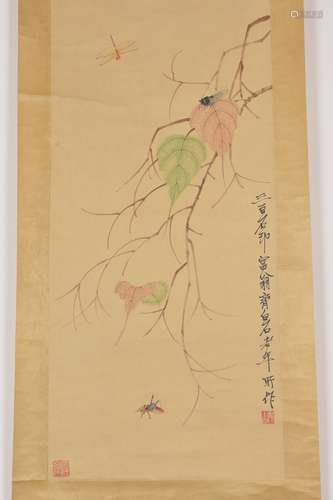 A Chinese watercolour painting in scroll of insect