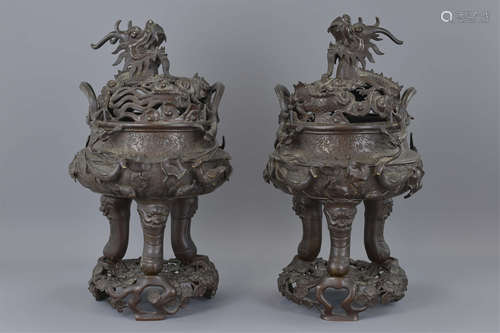 A pair of Chinese / Japanese bronze incense burner