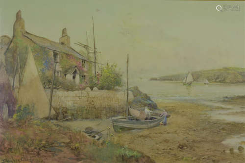 A late 19th early 20th century framed and glazed watercolour. 'Anglesey Cottage and Fishing Boat Sce