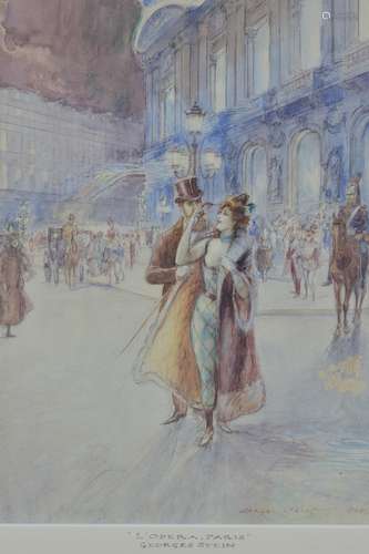 A 19/20th century framed watercolour by Georges Stein. French 1870 - 1955. 'L'Opera' Street scene la