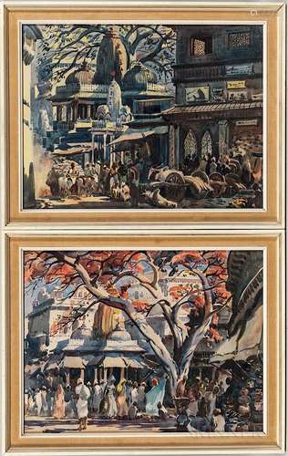 G.D. Thayagaraj (b. 1930), Two Watercolor Street Scenes, India, one depicting a large tree overlooking a busy street, the other a marke