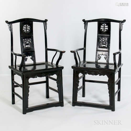 Pair of Lacquered Yoke-back Armchairs, China, 20th century, crest rails ending in spiral carved 