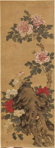 Hanging Scroll Depicting Peonies, China, 19th century, with a grotesque rock, unsigned with two seals partially reading 