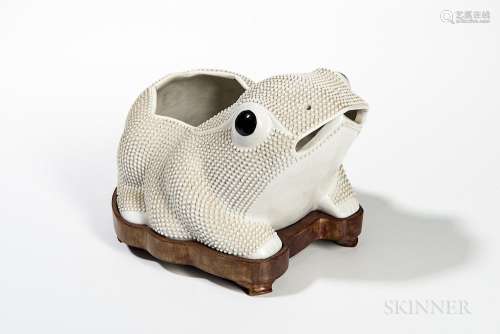 Large White Biscuit Porcelain Toad, China, with beaded back and black-glazed eyes, bisque interior and base with two drainage holes, wi