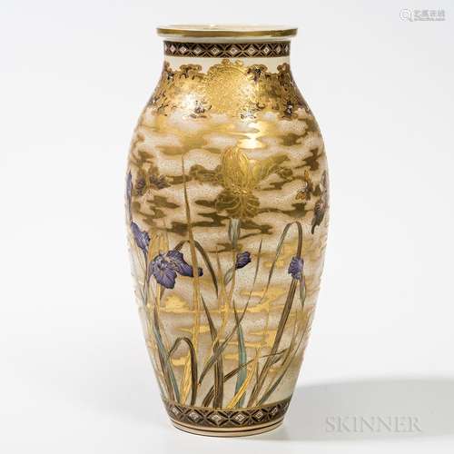 Oval Satsuma Vase, Japan, Meiji period, with slightly flaring mouth, decorated in a painterly design with peonies, irises, and butterfl