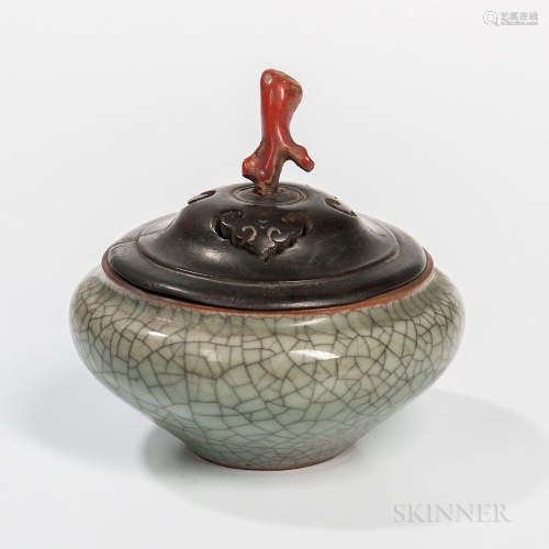 Crackled Celadon Stoneware Censer and Wood Cover, China, Song dynasty style, compressed globular form with short neck and wide mouth, t