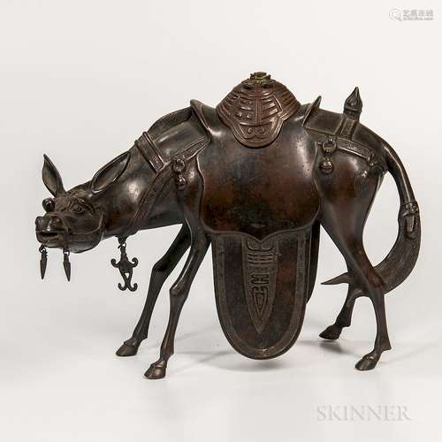 Donkey-shaped Bronze Censer and Wood Cover, China, 19th/20th century, standing on all fours, with a conforming carved wood cover, with