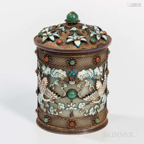 Openwork Gilt-silver Cloisonne Covered Box, China, cylindrical form decorated with openwork crane-and-cloud design, jeweled with green